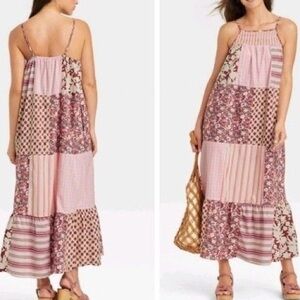 Universal Thread Patchwork Midi Dress Pink Cottagecore Prairie Tiered Sundress M